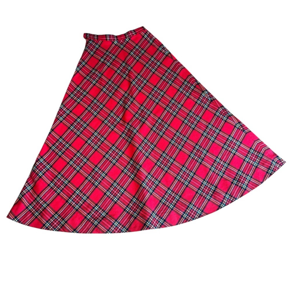 - Vintage 1970s Plaid Red flared long full A Skirt Mid Century Wool